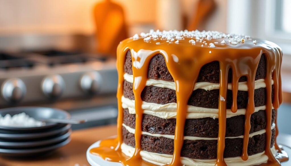 caramel drip on a sweet and salty cake caramel drip on a sweet and salty cake
