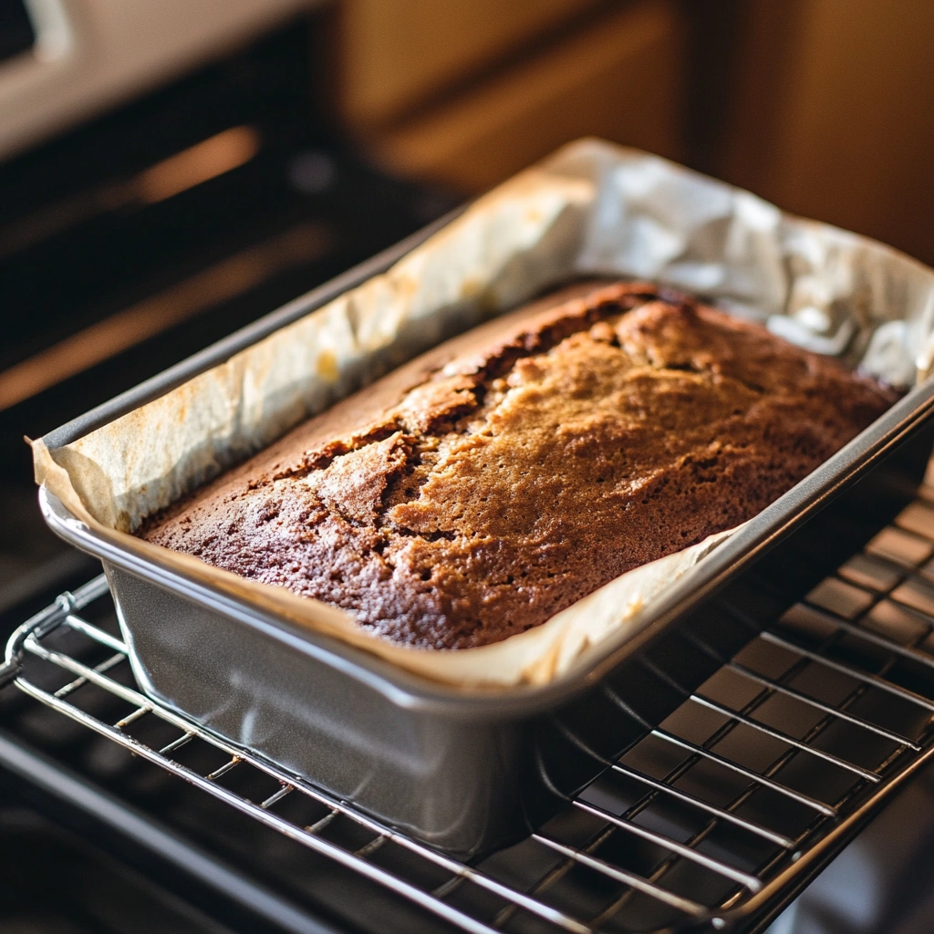 Banana bread with sour cream just baked in loaf pan