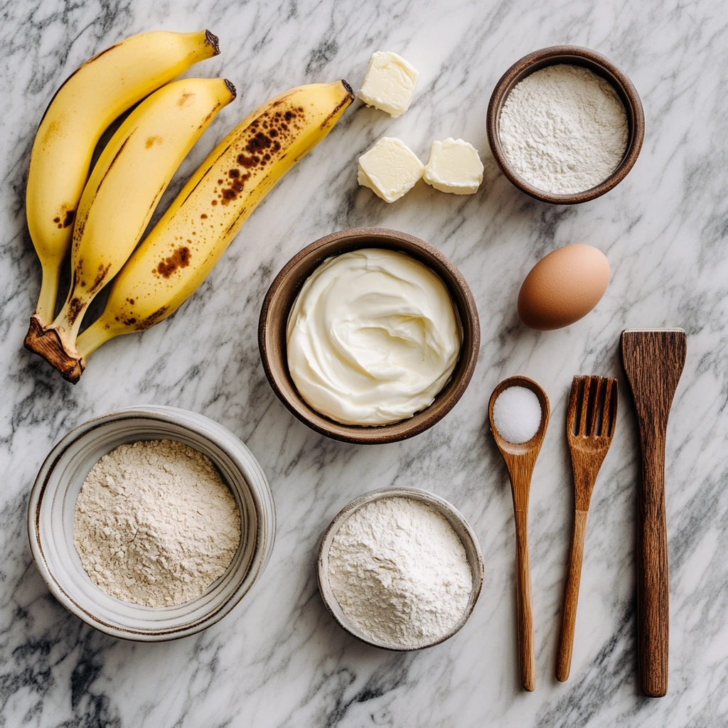 Banana bread with sour cream ingredients layout