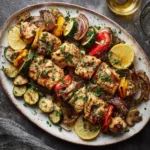 Served garlic parmesan chicken skewers with sides