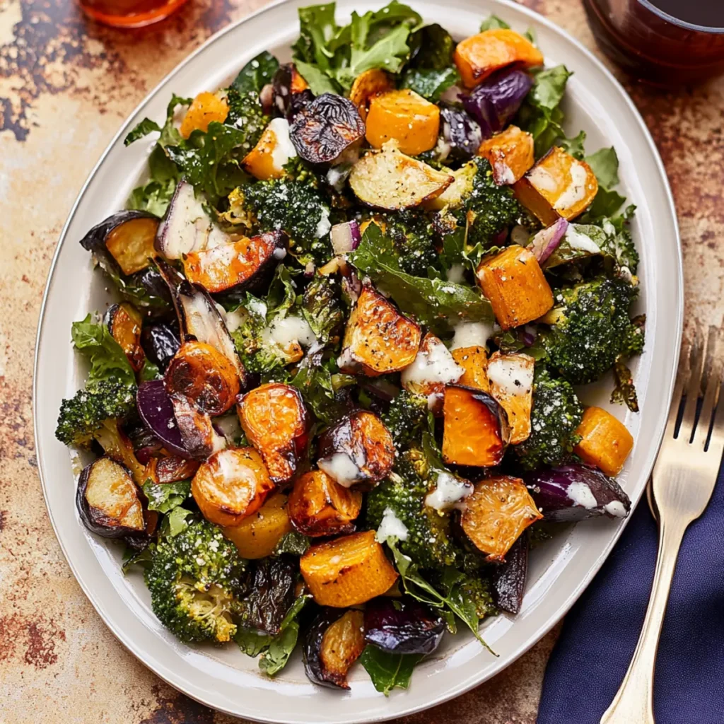 Warm Roasted Veggie Salad with Maple Dijon Vinaigrette