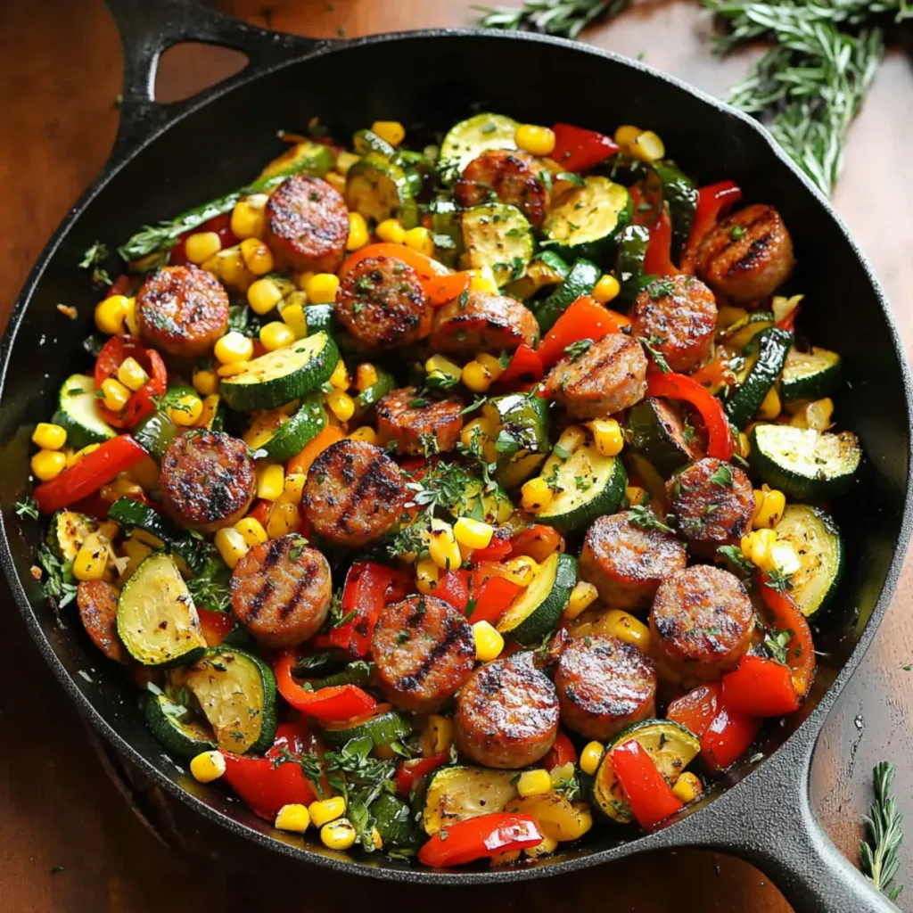 SUMMER DINNER - Sausage and Veggies Skillet with Bell Peppers, Zucchini, and Corn