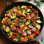 SUMMER DINNER - Sausage and Veggies Skillet with Bell Peppers, Zucchini, and Corn