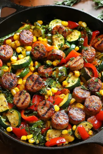 SUMMER DINNER - Sausage and Veggies Skillet with Bell Peppers, Zucchini, and Corn
